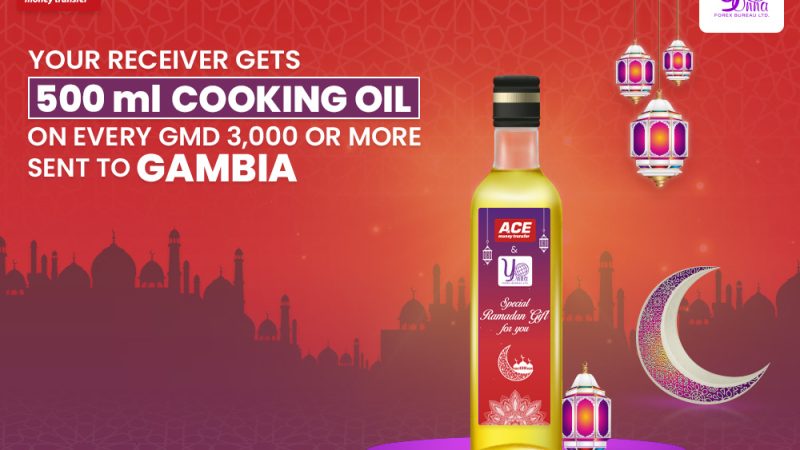 Send 3000 Dalasi Or More To The Gambia Via ACE Money Transfer And Receive Through Yonna Forex To Get 500ml Cooking Oil For Free.